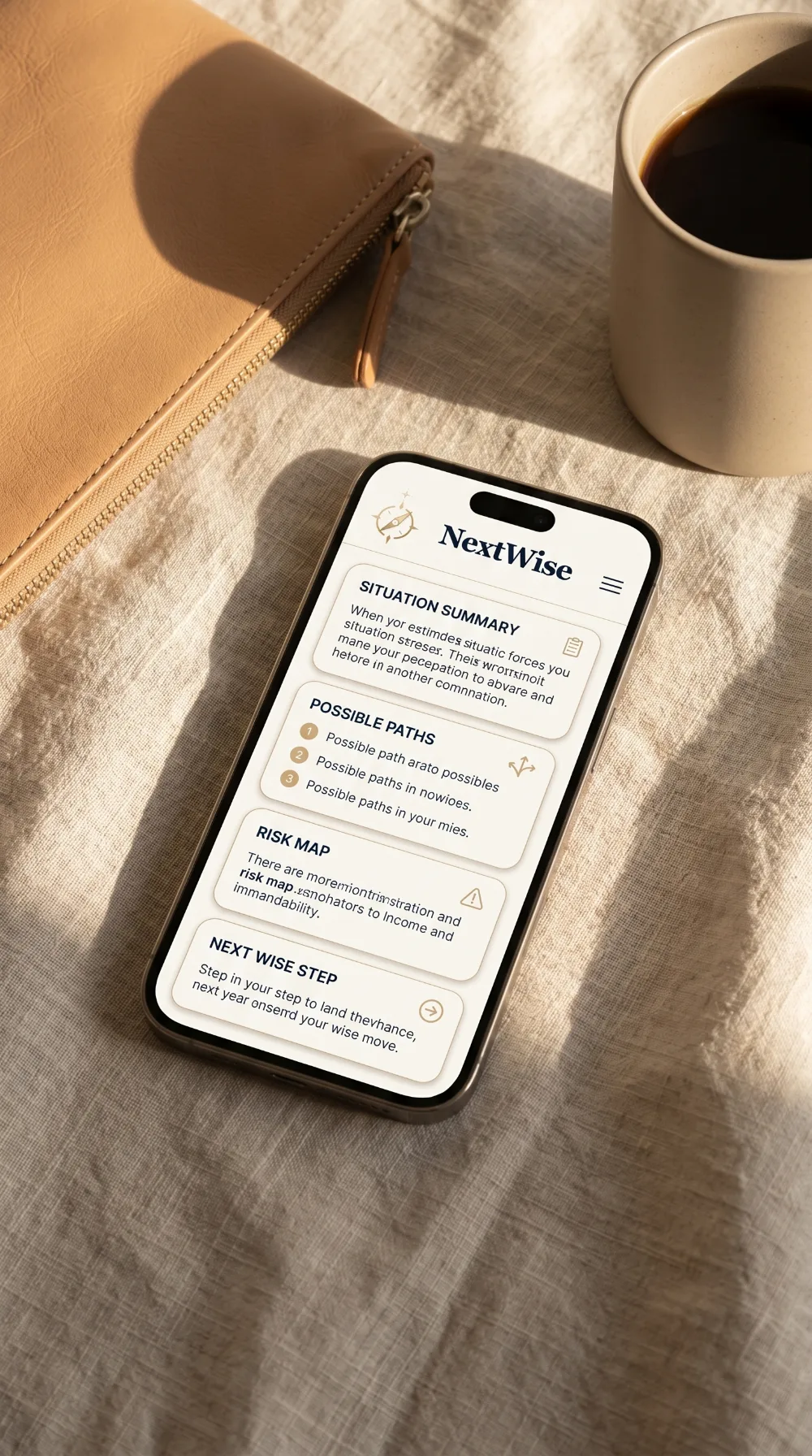 A phone resting on soft linen showing a private NextWise session