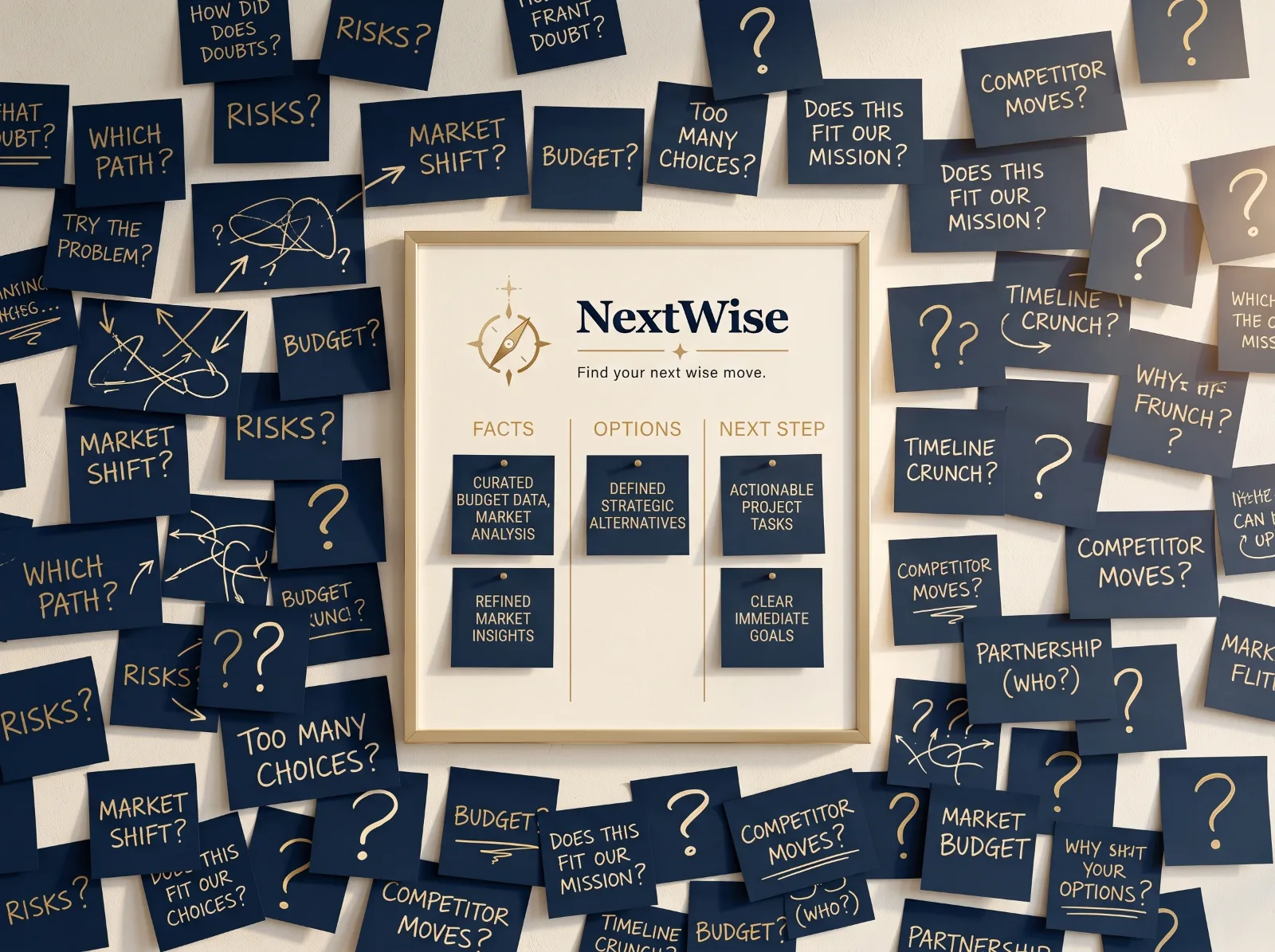 A wall crowded with overlapping questions: risks, budget, which path, too many choices