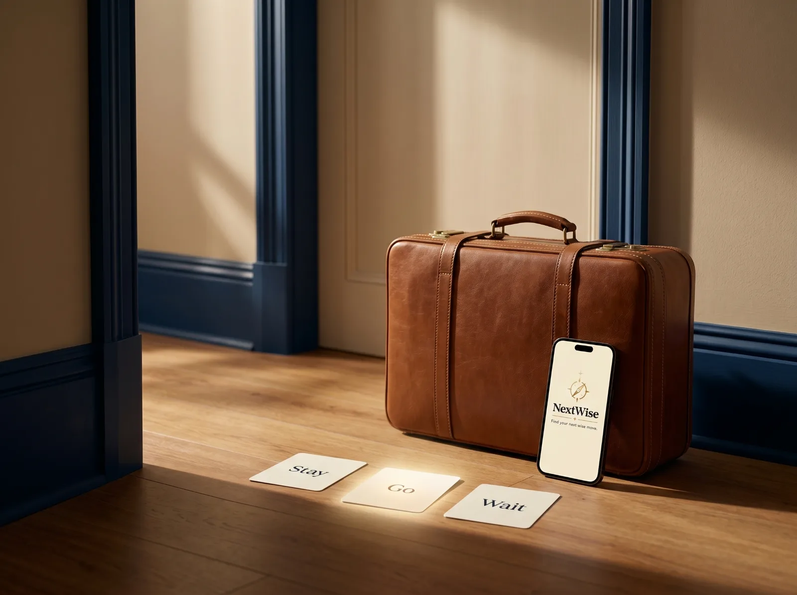 A packed suitcase by the door beside three cards reading Stay, Go, and Wait