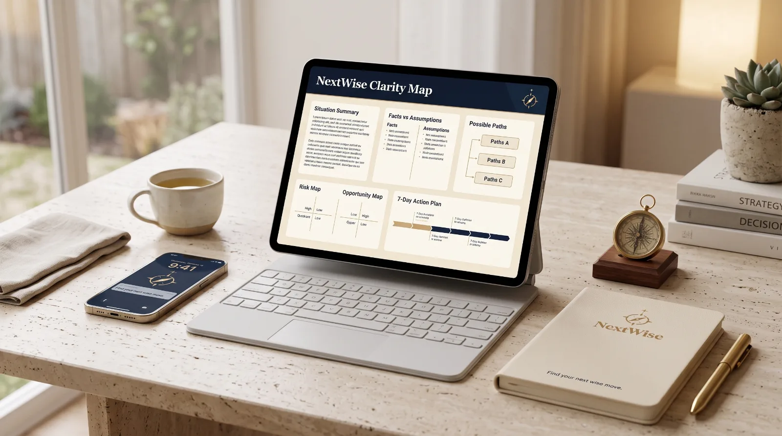 A calm workspace showing a structured NextWise Clarity Map on a tablet